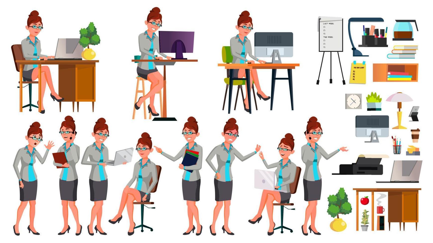 Office Worker Vector. Woman. Successful Officer, Clerk, Servant. Poses. Situations. Secretary. Business Woman Worker. Face Emotions, Various Gestures. Isolated Flat Illustration vector