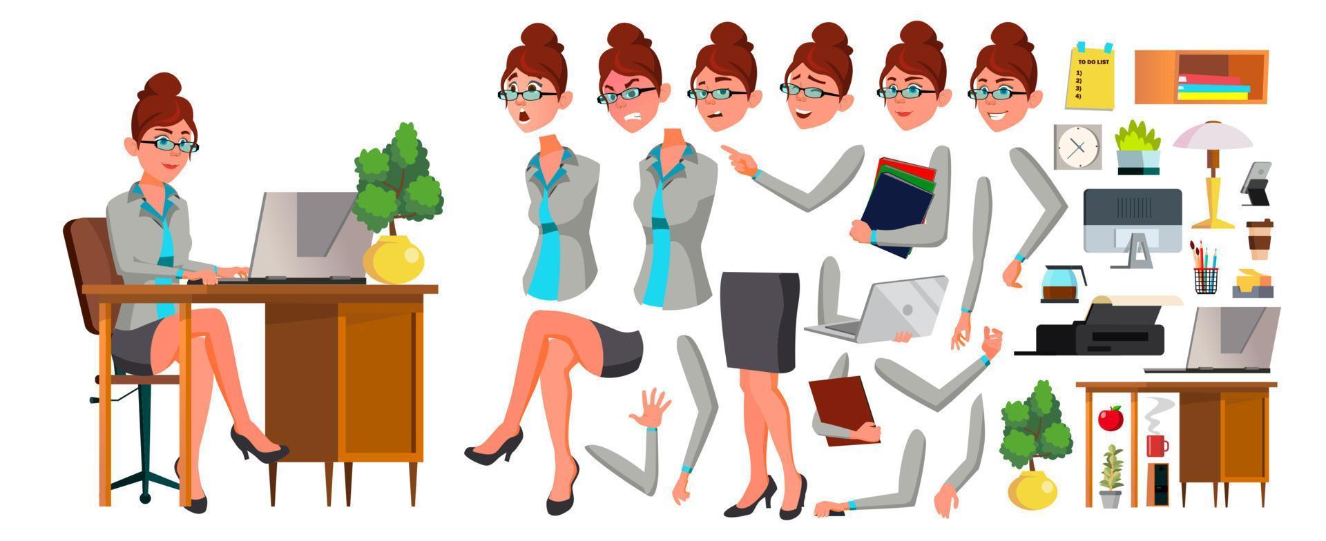 Office Worker Vector. Woman. Animation Creation Set. Secretary, Accountant. Professional Officer, Scene Generator. Clerk. Business Female. Front, Side View. Lady Face Emotions, Gestures. Illustration vector