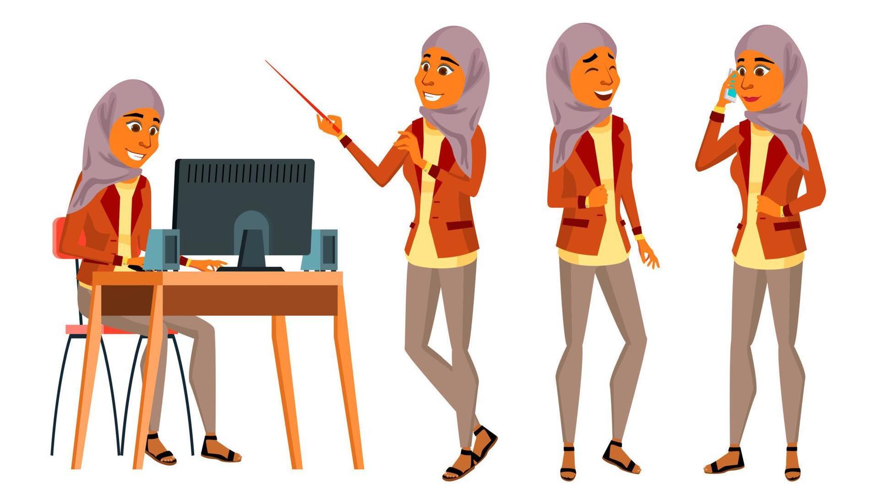 Arab Woman Office Worker Vector. Woman. Set. Hijab. Islamic. Business Human. Office Generator. Lady Face Emotions, Various Gestures. Front, Side View. Isolated Flat Cartoon Character Illustration vector