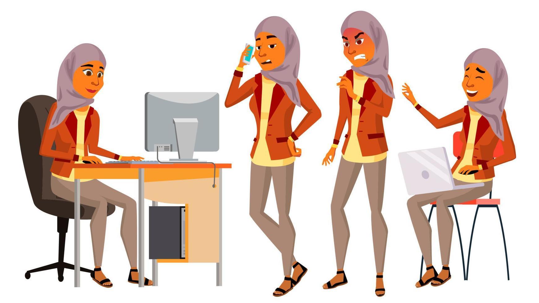 Arab Woman Office Worker Vector. Woman. Hijab. Saudi, Emirates, Qatar, Uae. Smiling Servant, Officer. Business Person. Scene Generator. Face Emotions, Various Gestures. Flat Cartoon Illustration vector