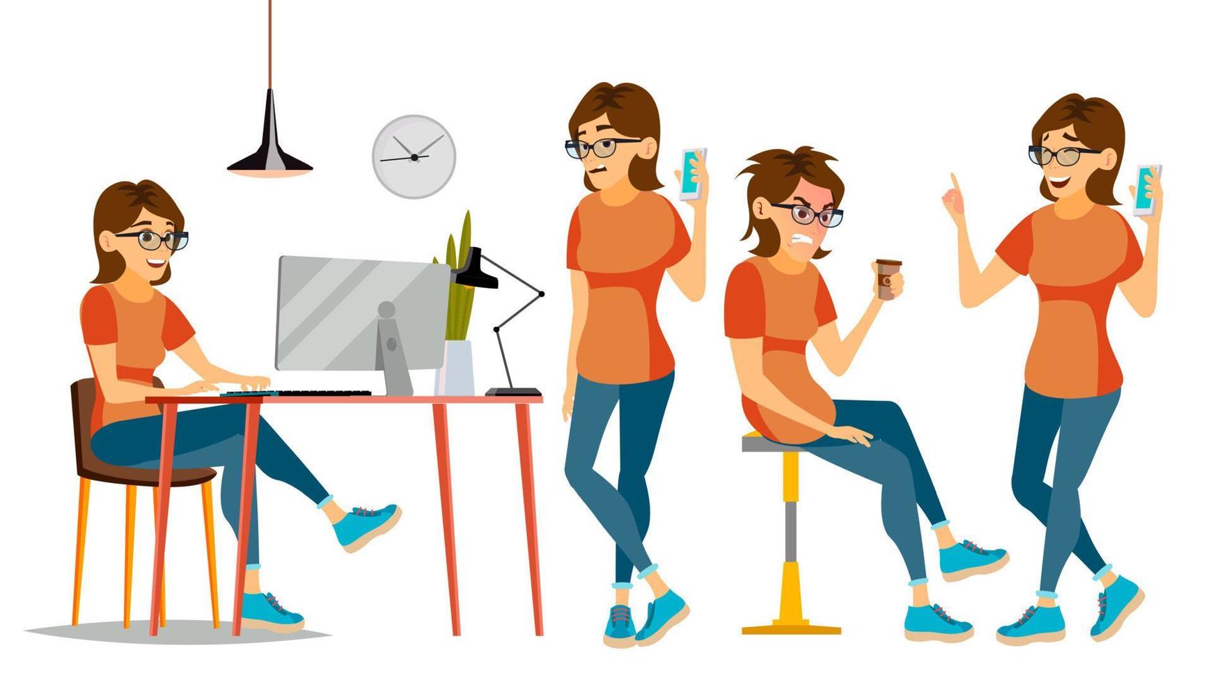Business Woman Character Vector. Female In Different Poses. Clerk In Office Clothes. Designer, Manager. Cartoon Illustration vector