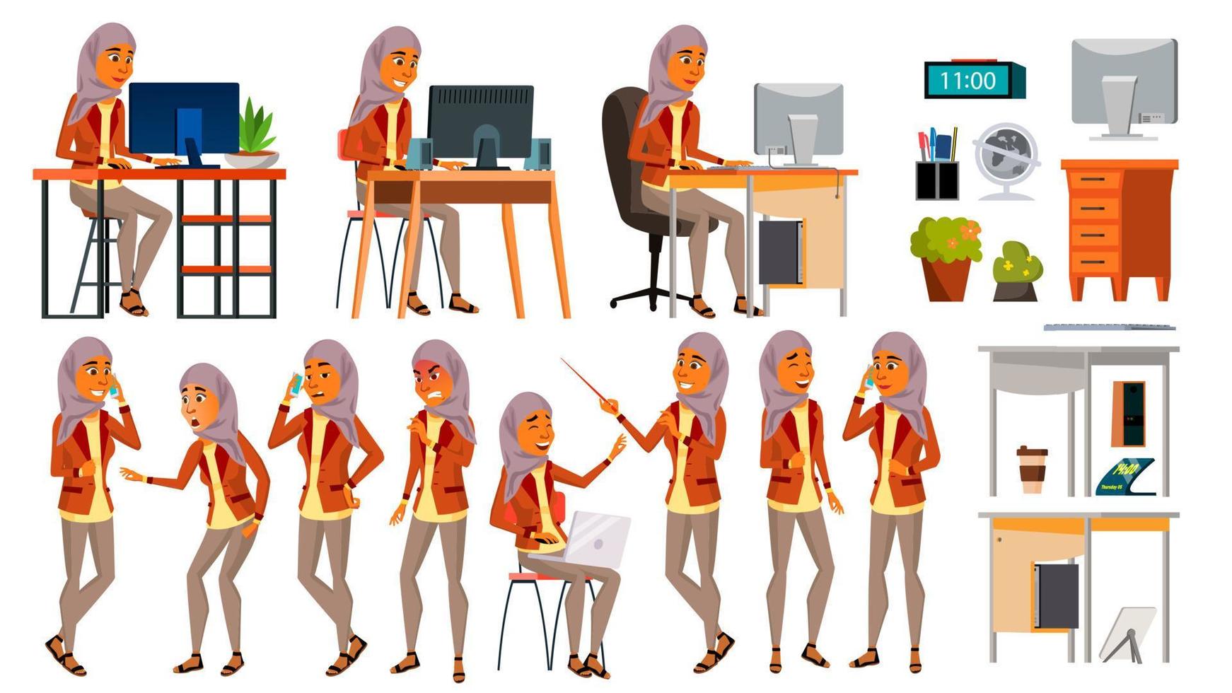 Arab Woman Set Office Worker Vector. Woman. Hijab. Ghutra. Arab, Muslim. Poses. Face Emotions, Various Gestures. Set. Isolated Cartoon Character Illustration vector