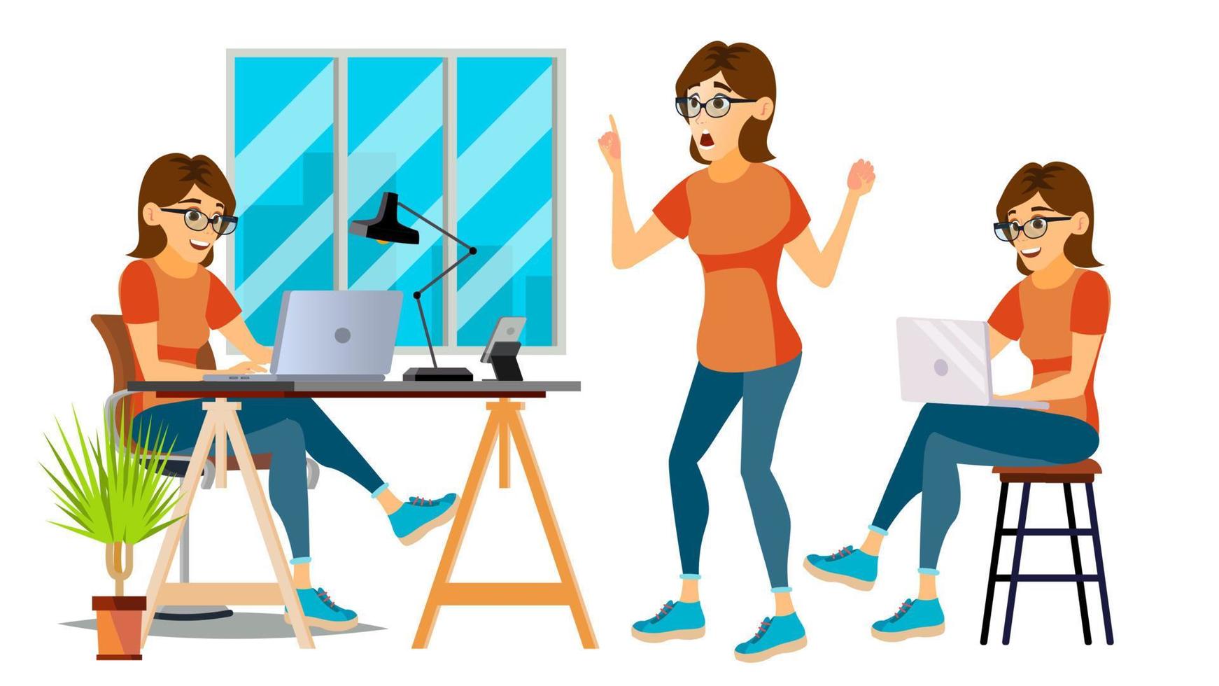 Business Woman Character Vector. Environment Process. Lady In Various Poses. Creative Studio. Cartoon Illustration vector