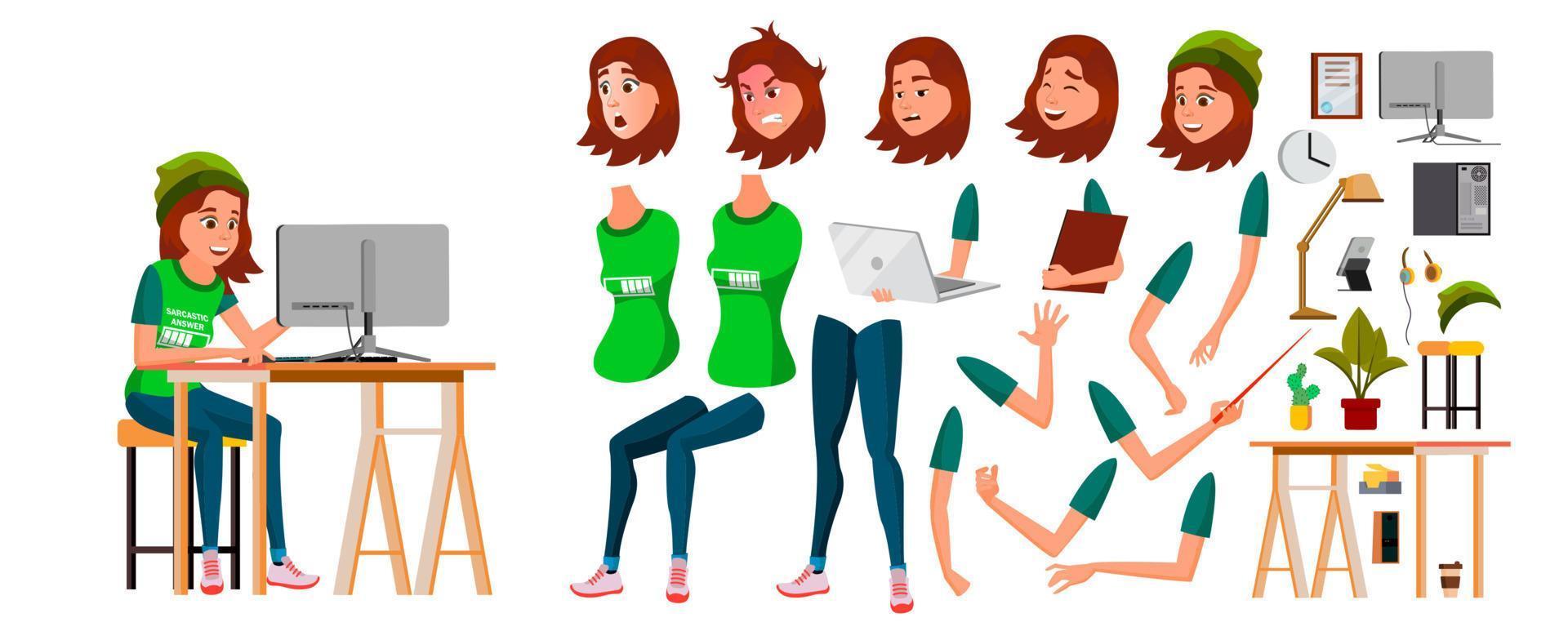 Young Business Woman Character Vector. Working Teen Female Girl. Clerk Working At Office Desk. Animation Set. Attractive Lady. Emotions. Cartoon Illustration vector
