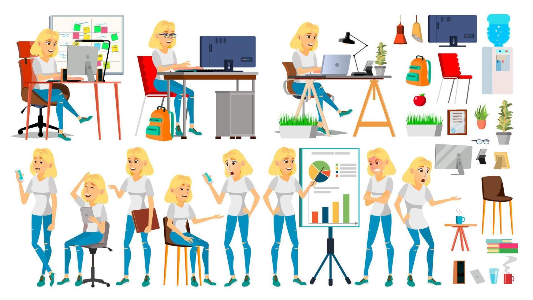 Business Woman Character Vector. In Action. Office. IT Startup Business Company. Blonde Elegant Modern Girl. Meeting. Various Views. Environment Process. Planning. Cartoon Illustration vector