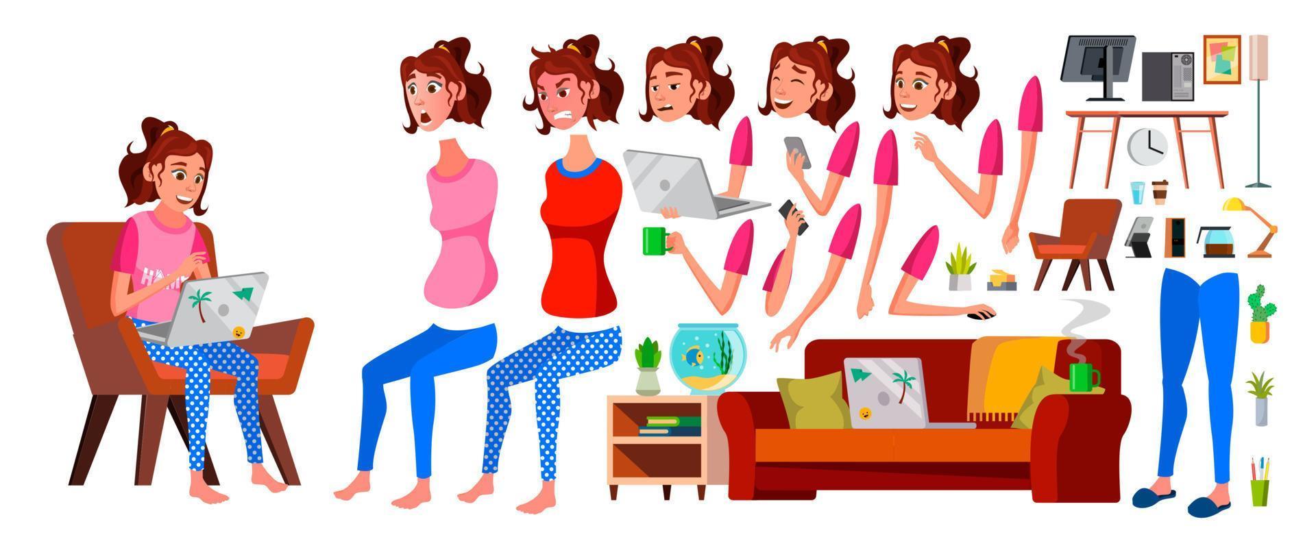 Freelancer Girl Worker Vector. Woman. Smiling Servant, Officer. Home Freelance. Lady Face Emotions, Various Gestures. Animation Creation Set. Isolated Flat Cartoon Character Illustration vector