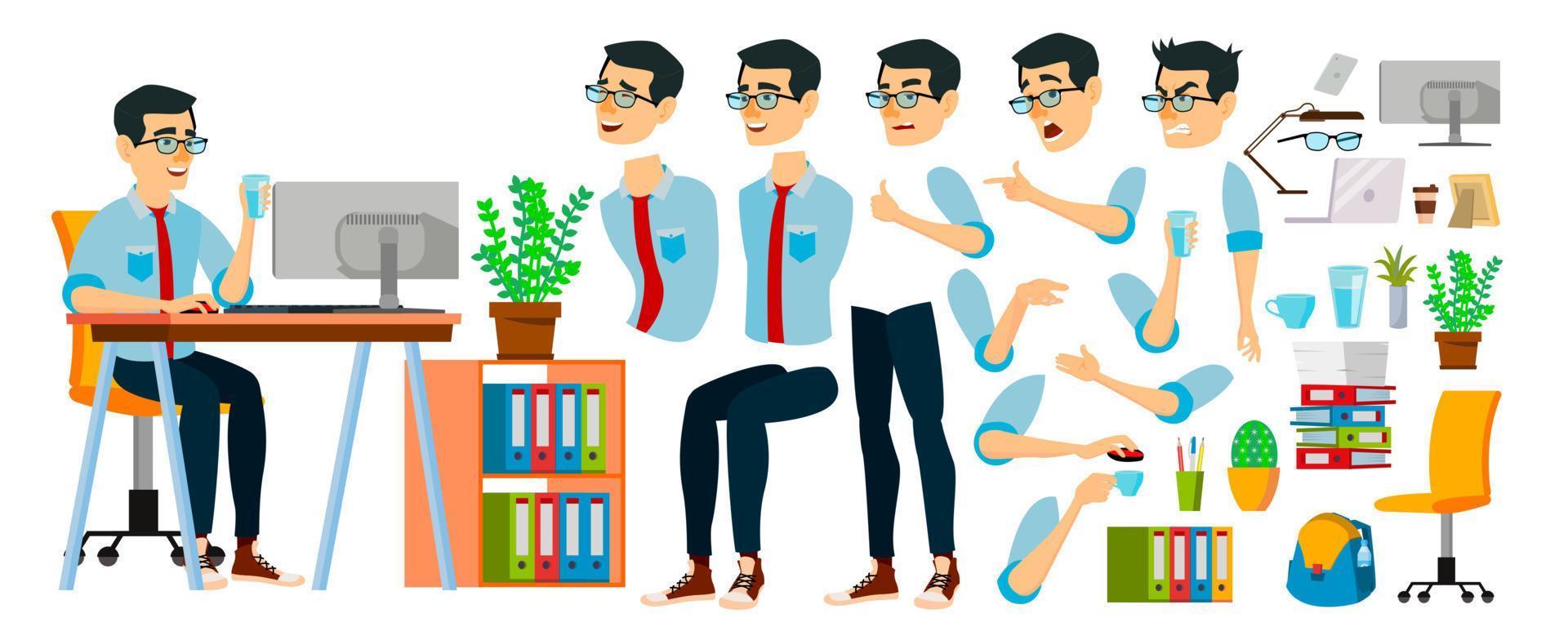 Business Man Character Vector. Working Asian Male. Business Start Up. Modern Office. Coding, Software Development. Programmer. Animation Set. Asiatic Face Emotions. Cartoon Illustration vector