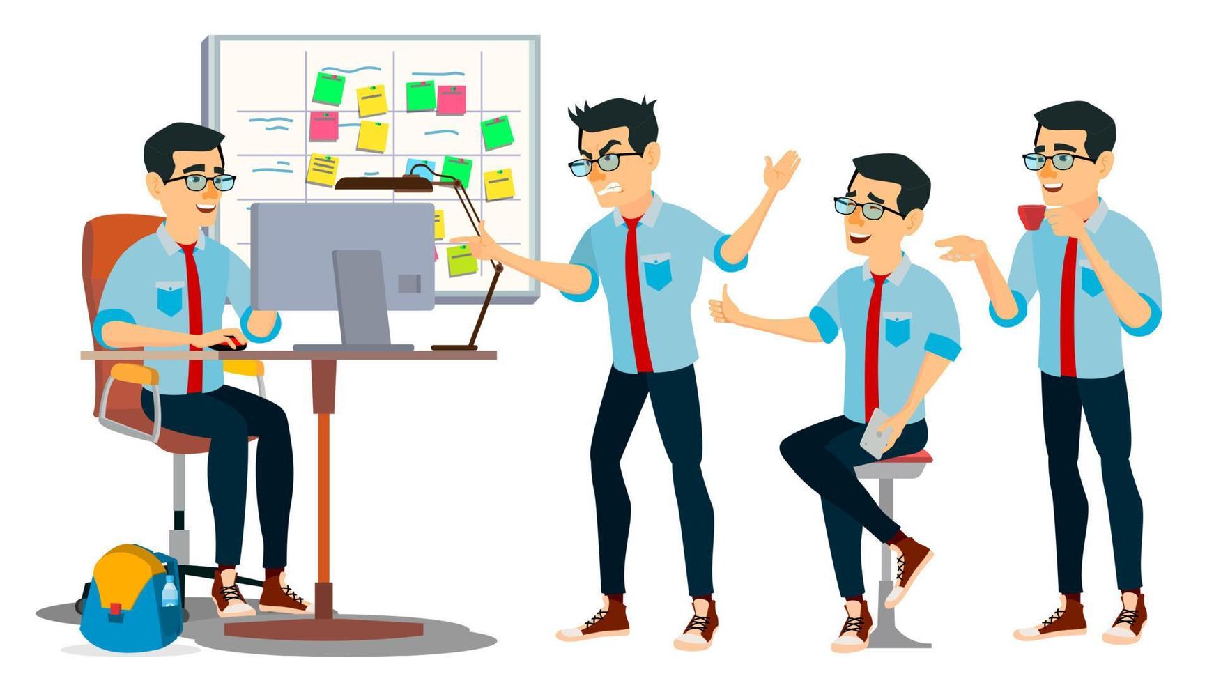 Business Man Character Vector. Working Asian, Man. Team Room. Asiatic. Environment Process In Start Up Office. Programmer, Designer. Code. Javascript. Cartoon Business Character Illustration vector