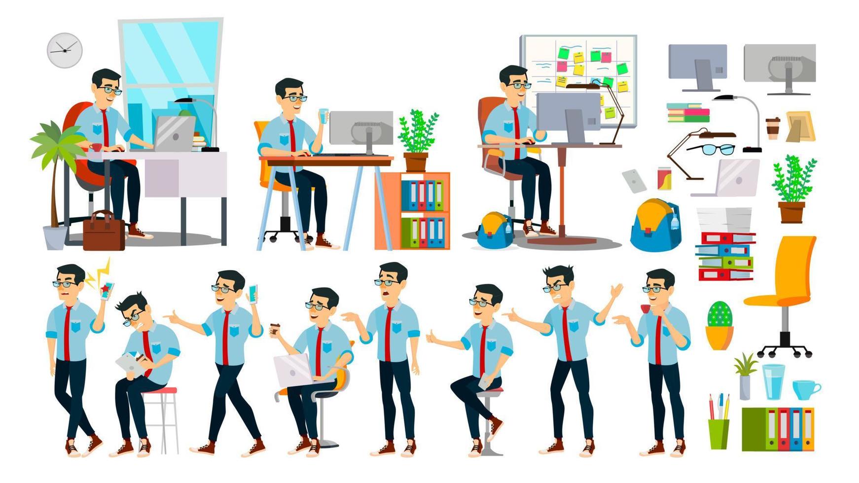 Business Man Character Vector. Working Asian People Set. Office, Creative Studio. Asiatic. Business Situation. Software Development. Programmer. Poses, Emotions. Cartoon Character Illustration vector