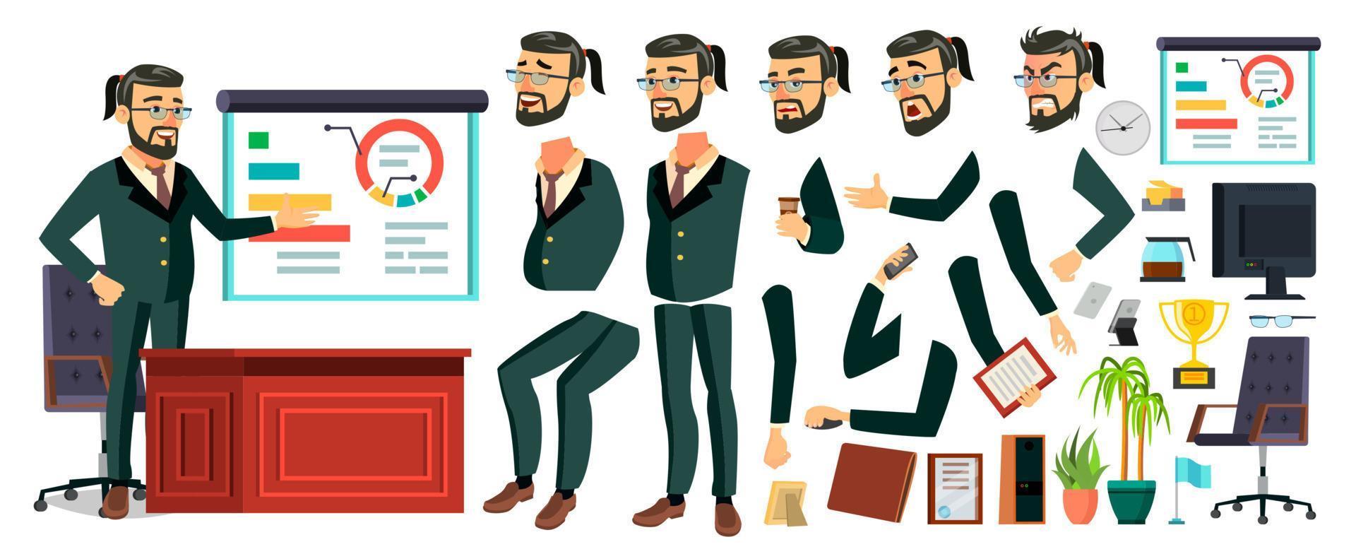 CEO Business Man Character Vector. Working Bearded CEO Male. Modern Office Workplace. Chief Executive Officer, General, Colonel, Capital. Animation Set. Face Emotions. Cartoon Illustration vector