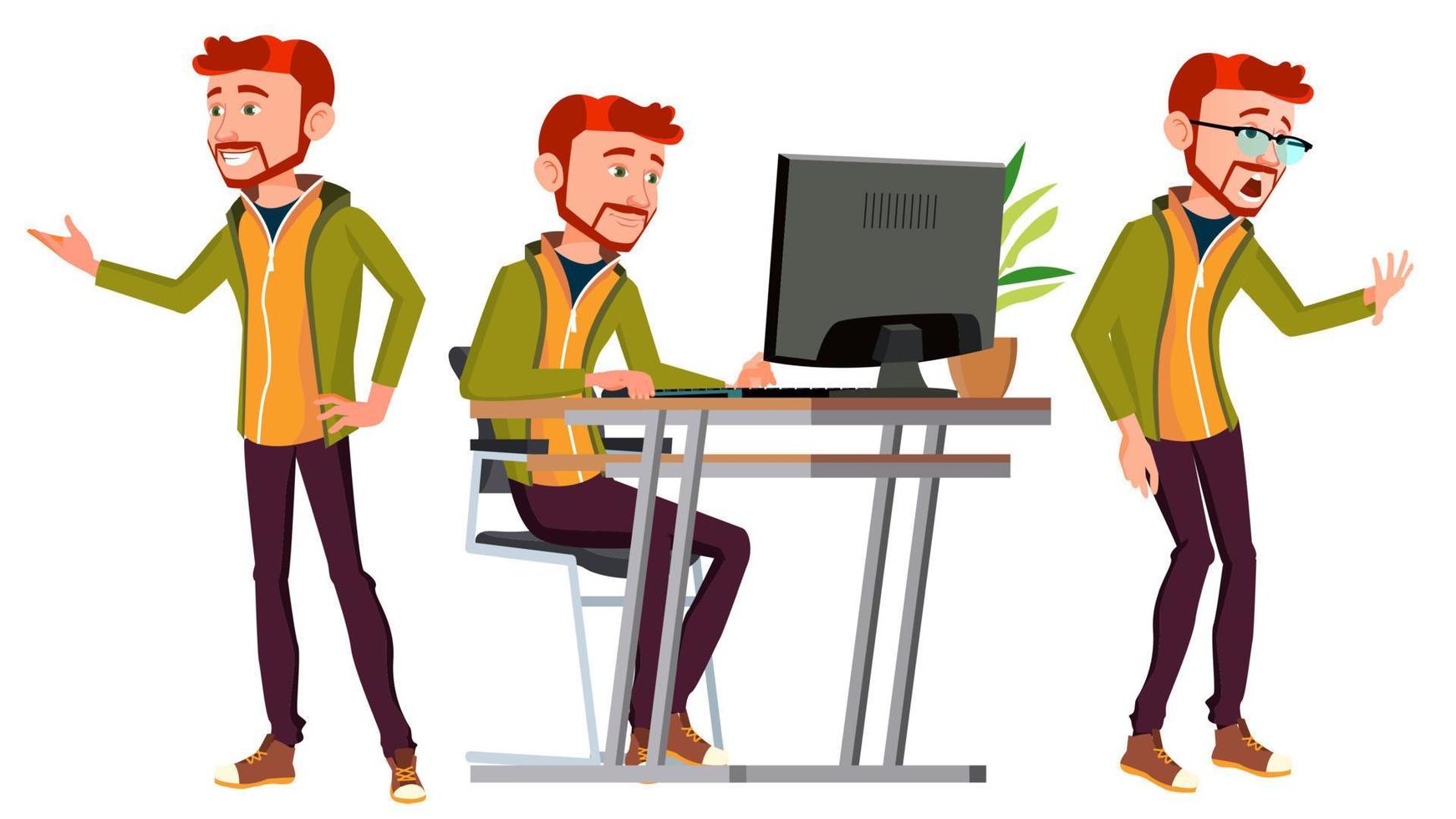 Office Worker Vector. Face Emotions, Various Gestures. Businessman Person. Poses. Front, Side View. Office. Smiling Executive, Servant, Workman, Officer. Isolated Character Illustration vector