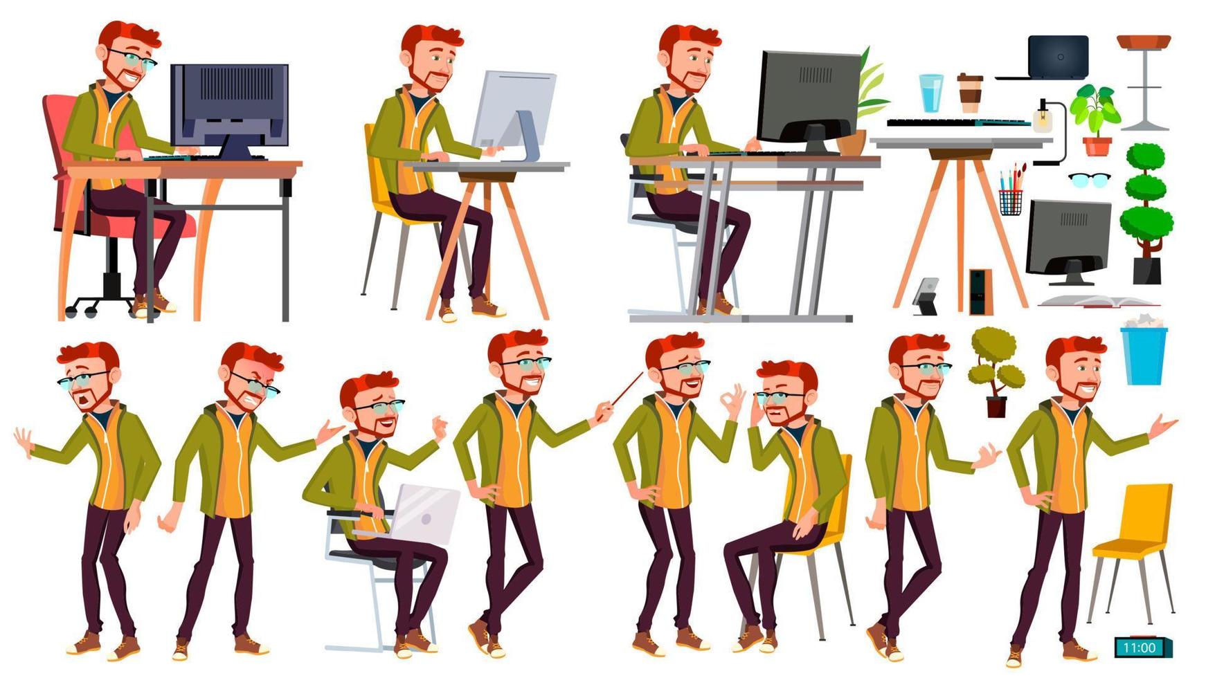 Office Worker Vector. Poses. Face Emotions, Various Gestures. Red Head, Ginger. Adult Entrepreneur Business Man. Isolated Flat Illustration vector