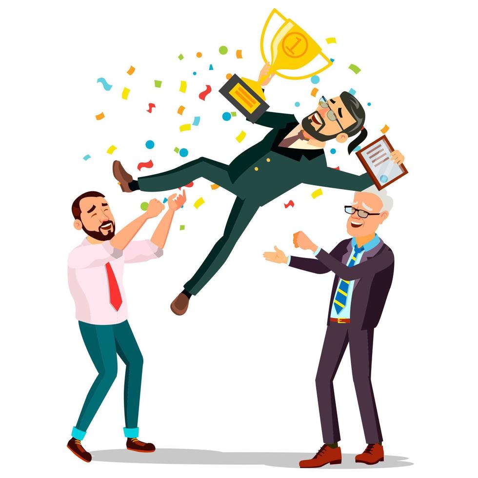 Winner Businessman Vector. Throwing Colleague Up. Colleague Celebrating Goal Achievement. Holding Golden Cup. Champion Number One. Flat Cartoon Illustration vector