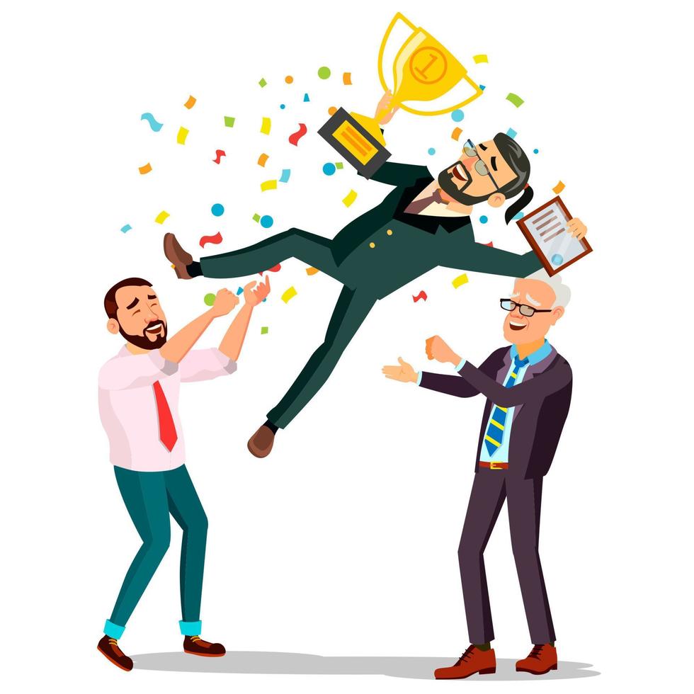 vector de empresario ganador. vomitar a un colega. colega celebrando el logro de la meta. sosteniendo una copa de oro. campeón número uno. ilustración de dibujos animados plana