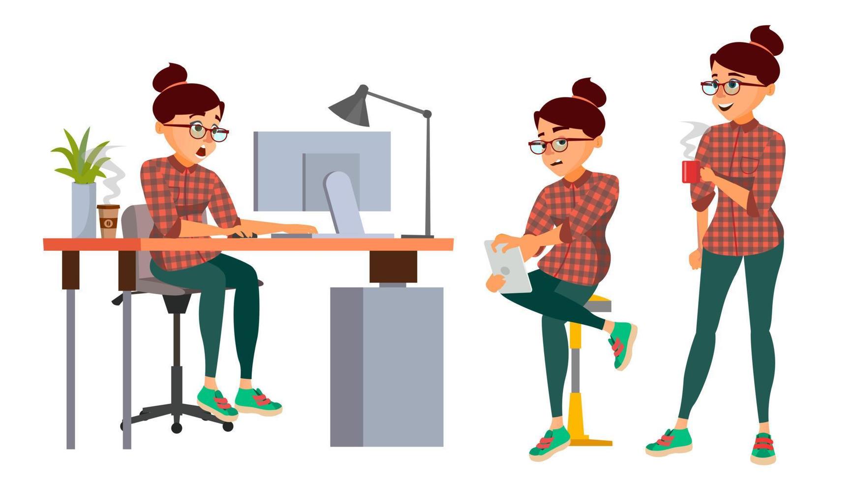 Business Woman Character Vector. Working Female, Girl. Team Room. Desk. Brainstorming. Environment Process. Start Up Office. Programmer, Designer. Lifestyle Situations. Isolated Character Illustration vector