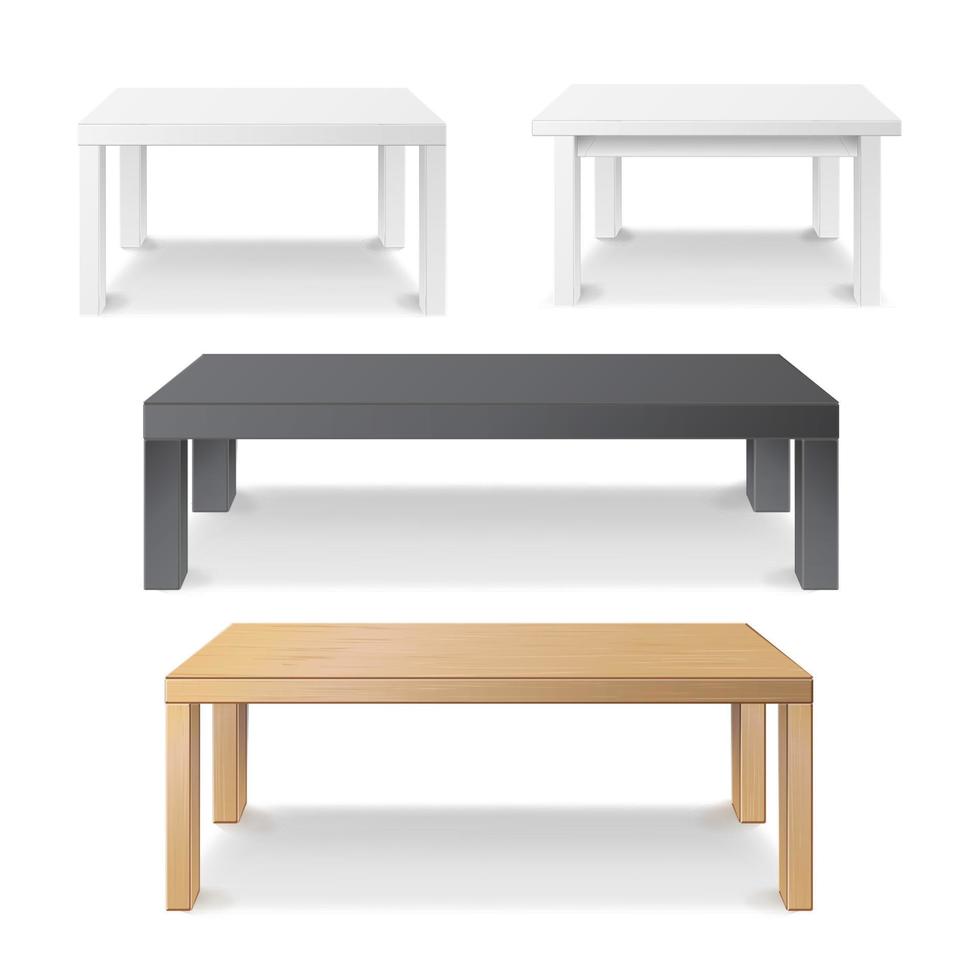 vector de conjunto de mesa vacía. madera, plástico, blanco, negro. Mobiliario aislado, tarima. ilustración vectorial realista.