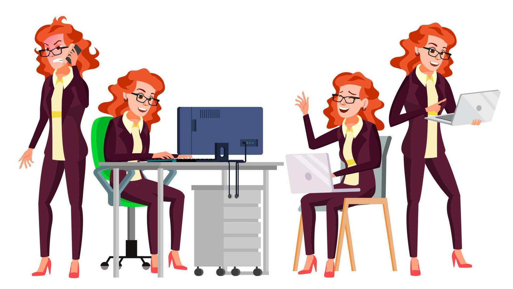 Office Worker Vector. Woman. Happy Clerk, Servant, Employee. Business Woman Person. Lady Face Emotions, Various Gestures. Flat Character Illustration vector