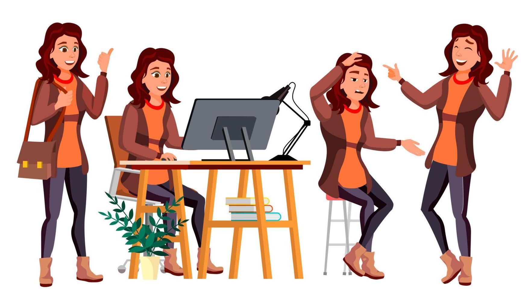 Office Worker Vector. Woman. Modern Employee, Laborer. Business Woman. Face Emotions, Various Gestures. Flat Cartoon Illustration vector