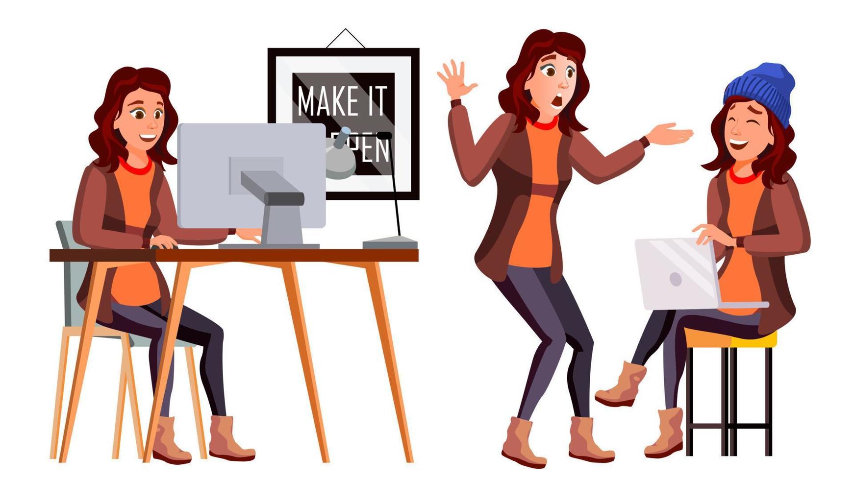 Office Worker Vector. Woman. Smiling Servant, Officer. Business Person. Face Emotions, Various Gestures. Flat Cartoon Illustration vector