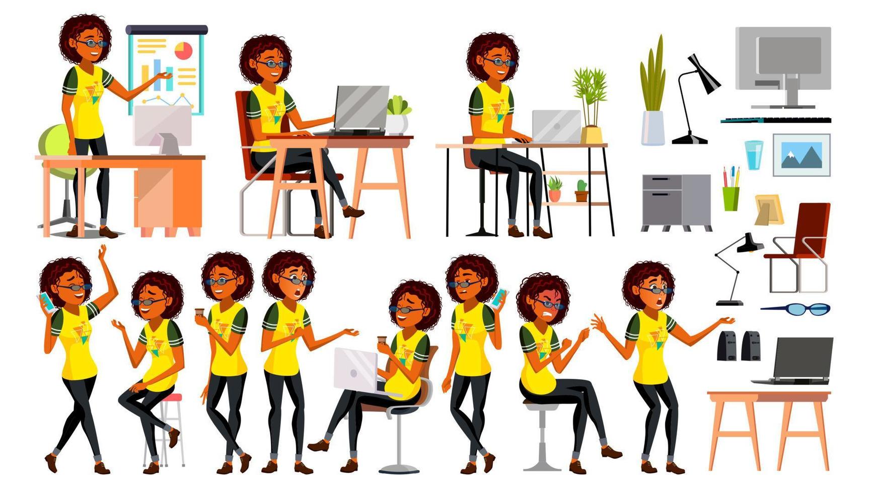 Business African Black Woman Character Vector. In Action. Office. IT Business Company. Working Elegant American Modern Girl. Various Views. Environment Process. Cartoon Illustration vector