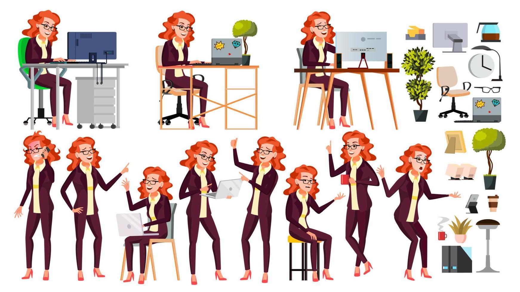 Office Worker Vector. Woman. Professional Officer, Clerk. Businessman Female. Lady Face Emotions. Isolated Flat Character Illustration vector