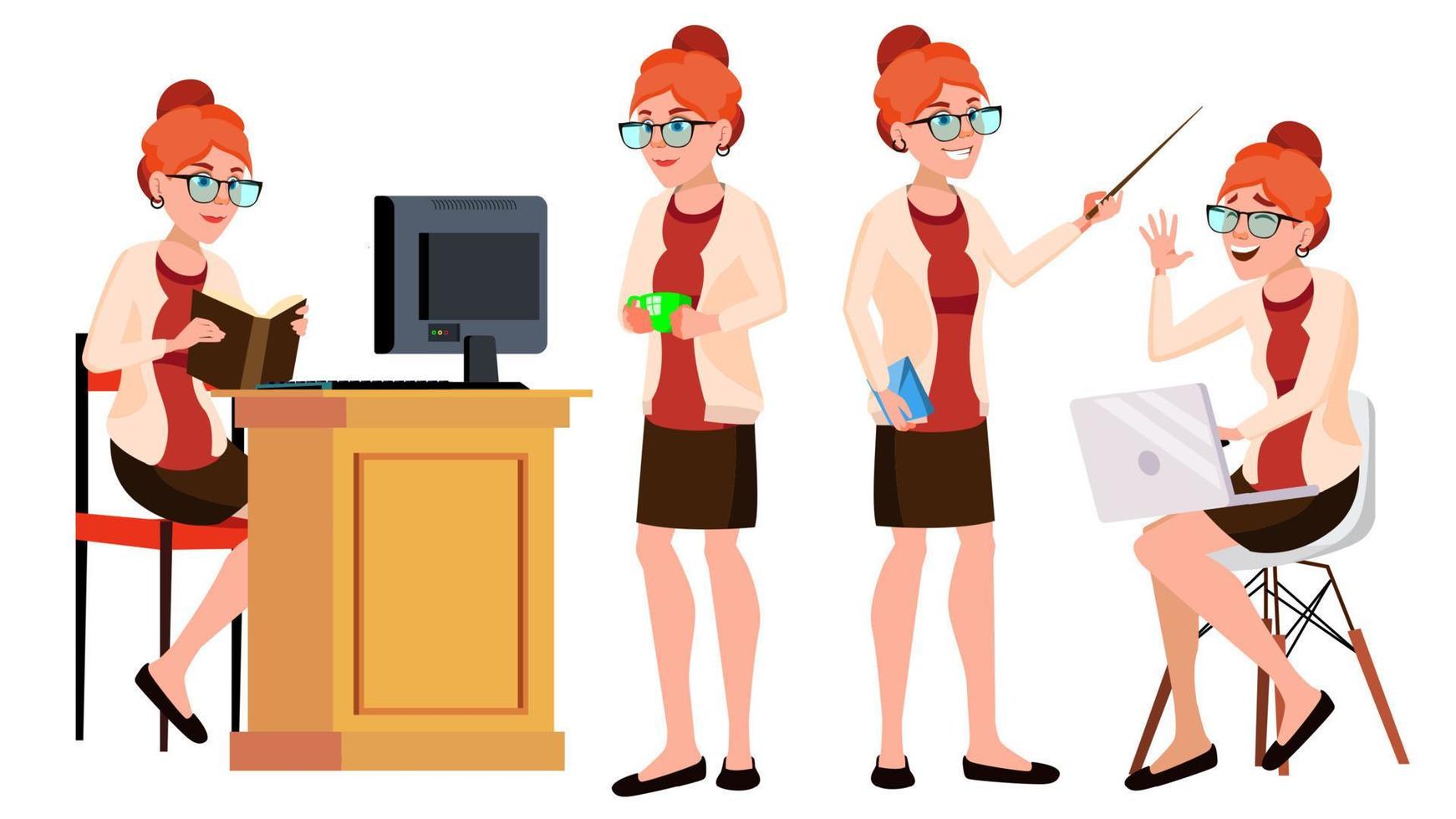 Office Worker Vector. Woman. Happy Clerk, Servant, Employee. Business Human. Face Emotions, Various Gestures. Isolated Character Illustration vector