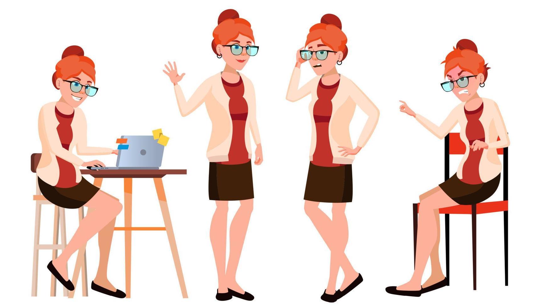 Office Worker Vector. Woman. Successful Officer, Clerk, Servant. Business Woman Worker. Face Emotions, Various Gestures. Isolated Flat Illustration vector