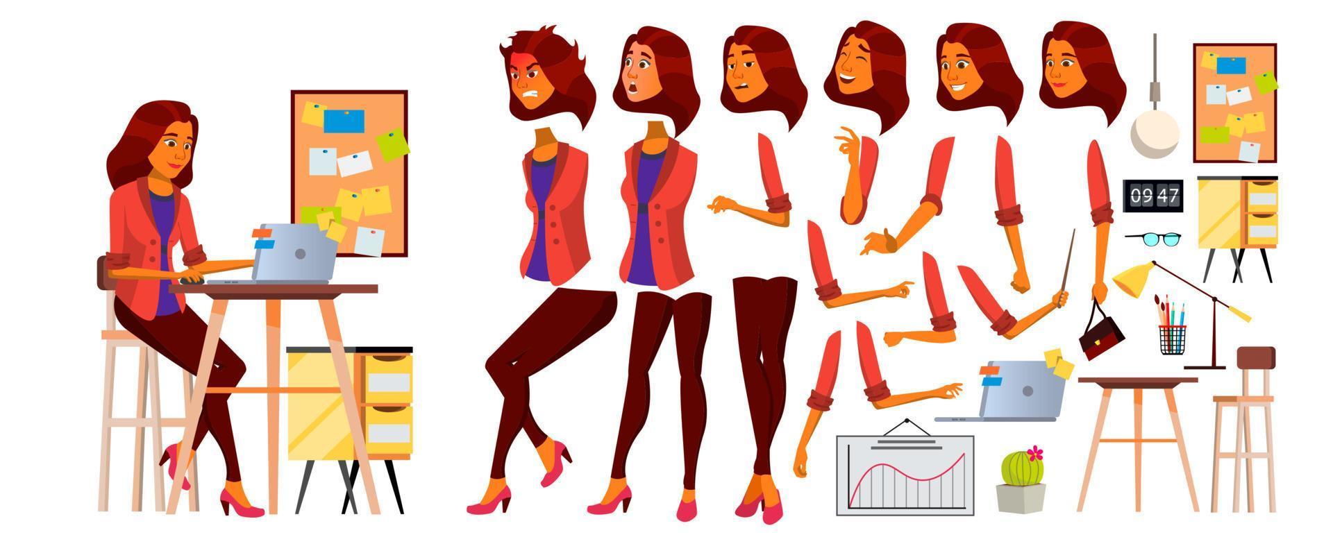 Office Worker Vector. Woman. Successful Officer, Clerk, Servant. Arab, Saudi Business Woman Worker. Face Emotions, Various Gestures. Animation Creation Set. Isolated Flat Illustration vector