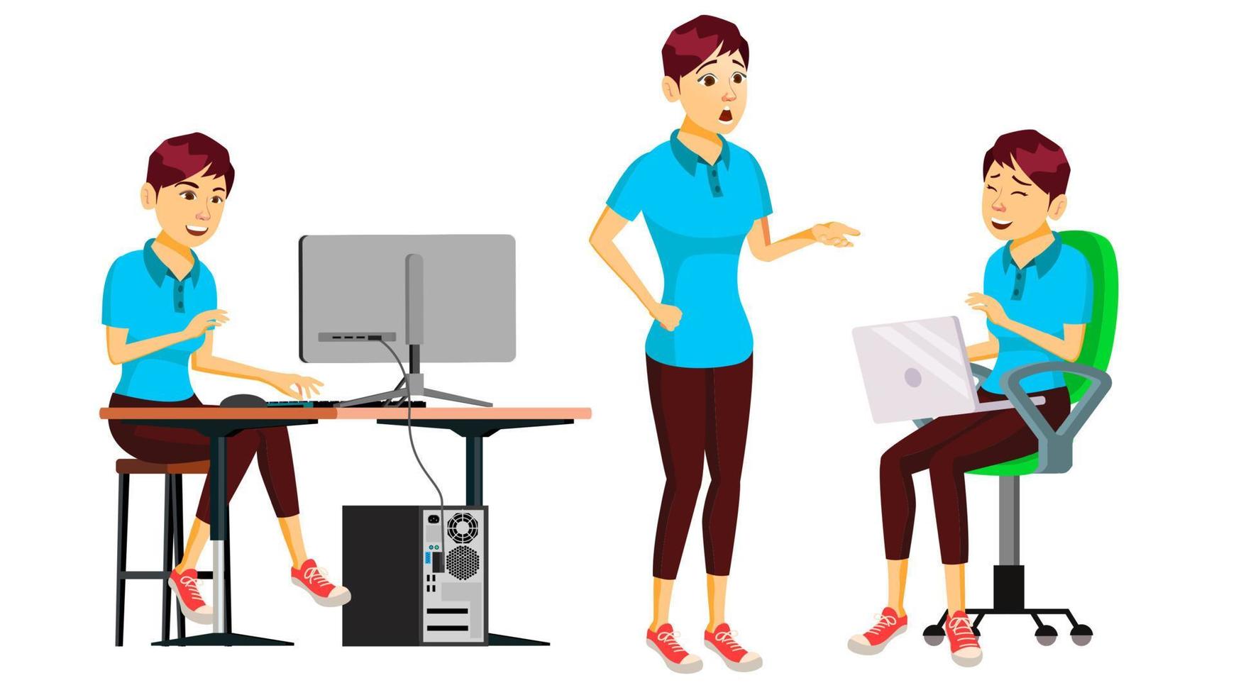 Office Worker Vector.Woman. Successful Officer, Clerk, Servant. Adult Business Woman. Face Emotions, Various Gestures. Isolated Flat Cartoon Illustration vector