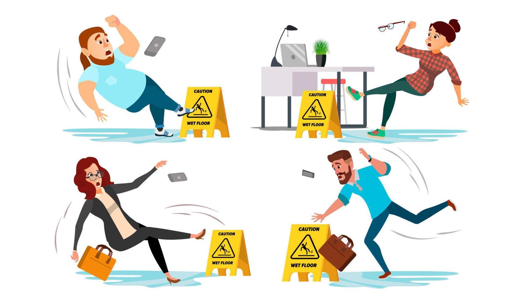 Caution Wet Floor Sign Vector. People Slips On Wet Floor. Situation In Office. Danger Sign. Clean Wet Floor. Isolated Flat Cartoon Character Illustration vector