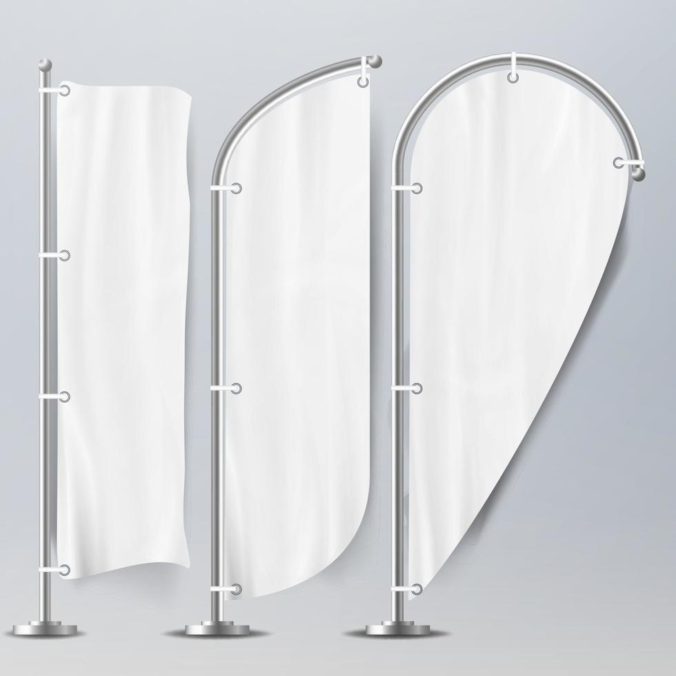 White Vector Flags Set On Blue Background. 3D Realistic Flags Illustration