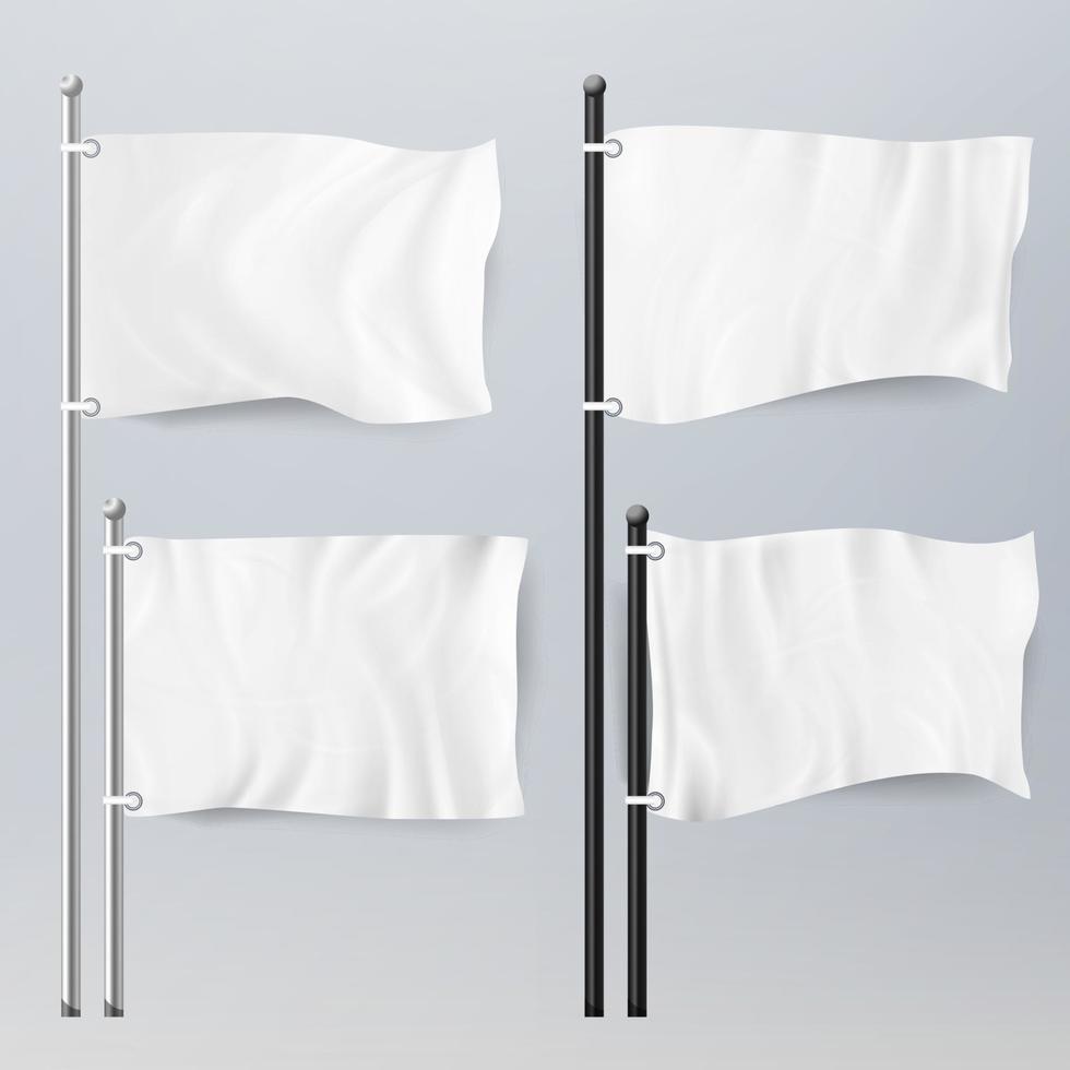 Various Clean Empty White Flags And Banners Pictograms Mockup. White Flags And Textile Banners Folds Template Set. Advertising Blank Banner, Fabric Canvas Poster. Vector Illustration