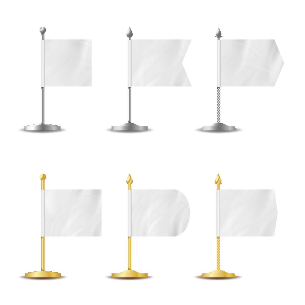 Table Desk Flag Set. Vector Realistic Illustration. Desk Flag Mockup Isolated. Template Set For Business Promotion And Advertising