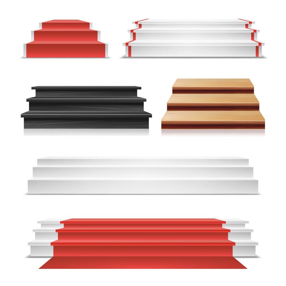 vector de conjunto de podio ganador. alfombra roja. escalera de madera pedestal en blanco, plantilla, maqueta. aislado en la ilustración de fondo blanco.