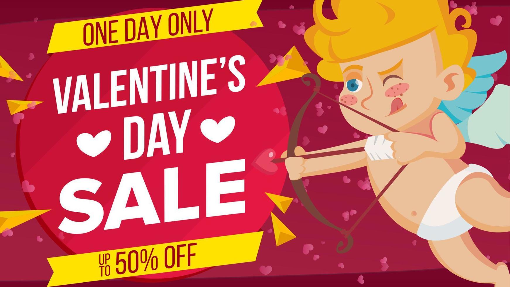 vector de banner de venta de día de san valentín. cupido feliz, amour. diseño de plantilla para banner, folleto, afiche, publicidad de oferta de descuento del 14 de febrero. mejor oferta. ilustración de diseño de publicidad de marketing.