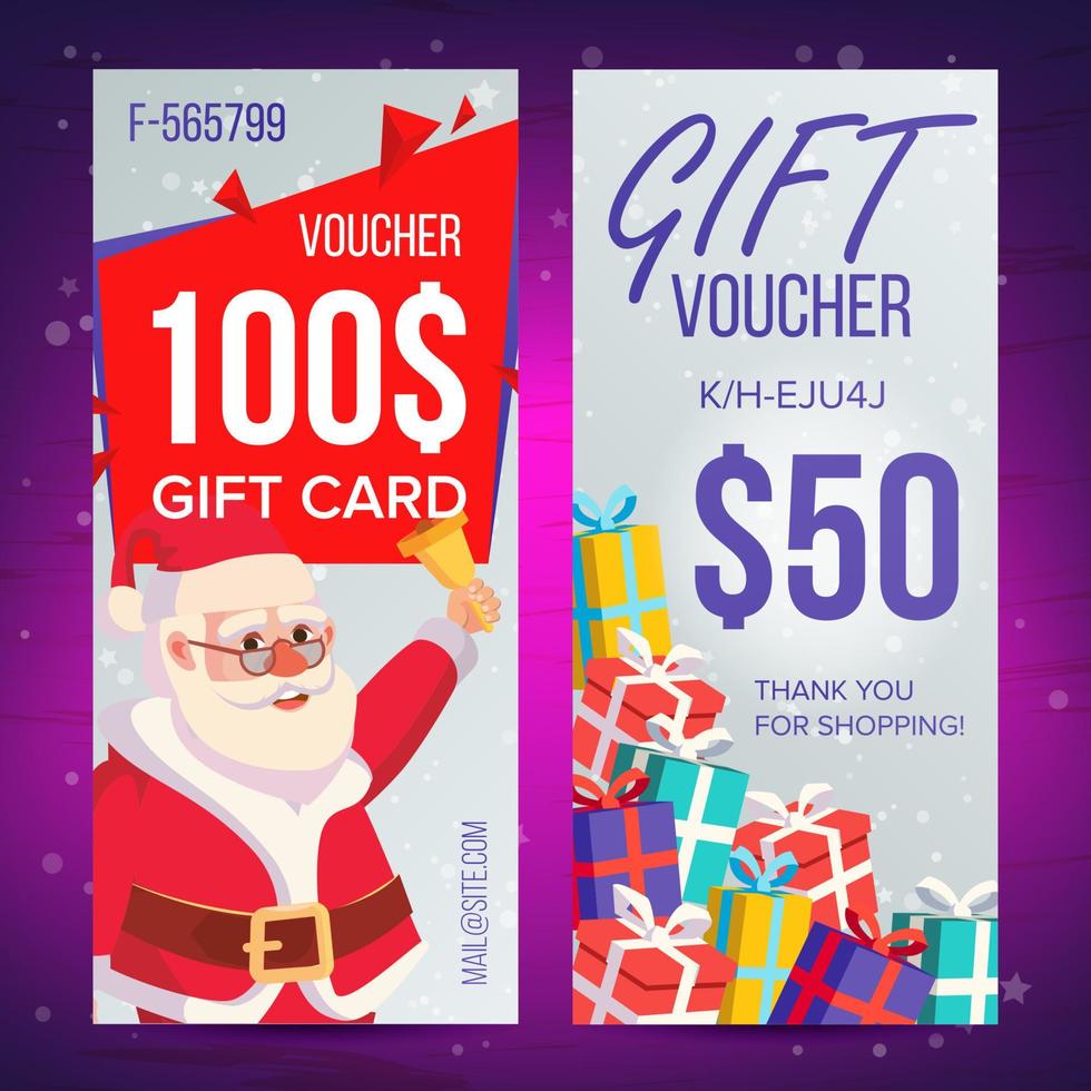 Christmas Voucher Vector. Vertical Banner. Merry Christmas. Santa Claus And Gifts. End Of The Year Advertisement. Cute Gift Illustration vector