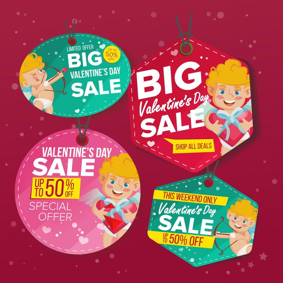 Valentine s Day Sale Love Tags Vector. Flat February 14 Special Offer Stickers. Cupid. 50 Off Text. Hanging Sale Banners With Half Price. Modern Illustration vector