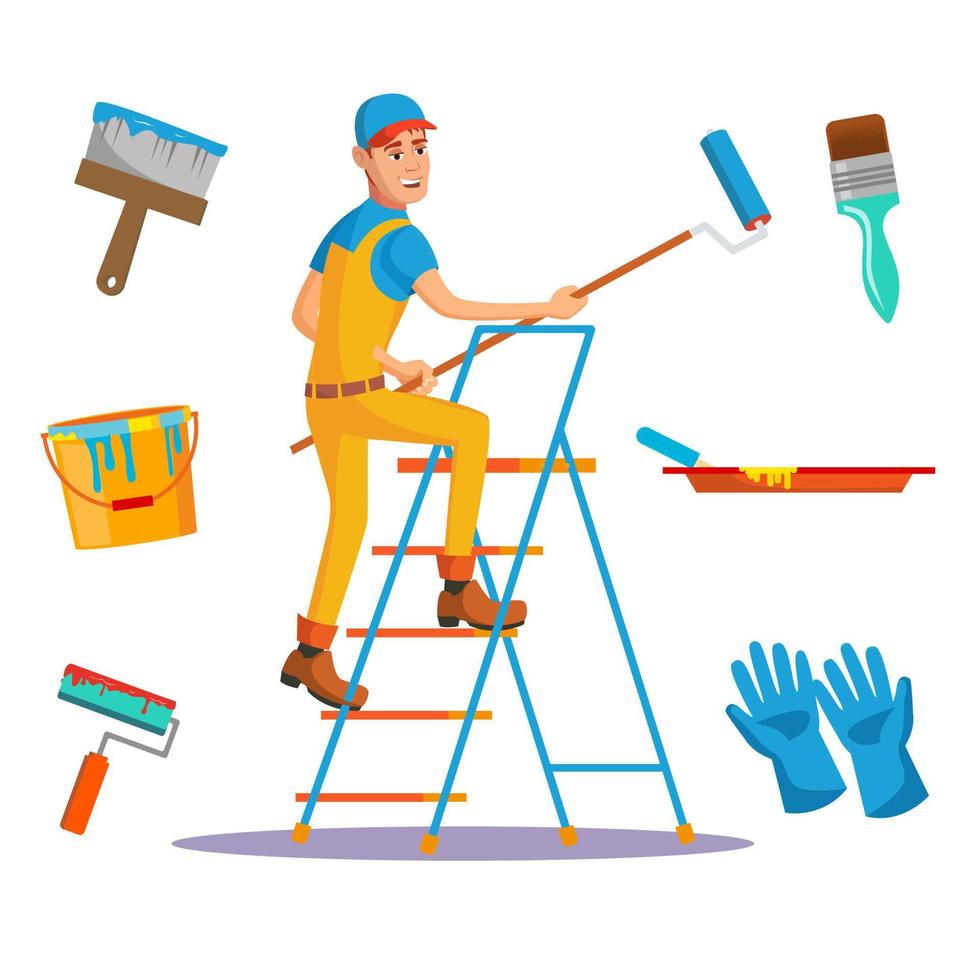 Classic Painter Vector. Painting Wall With Brush. House Painter With Paintbrush. Isolated On White Cartoon Character Illustration vector