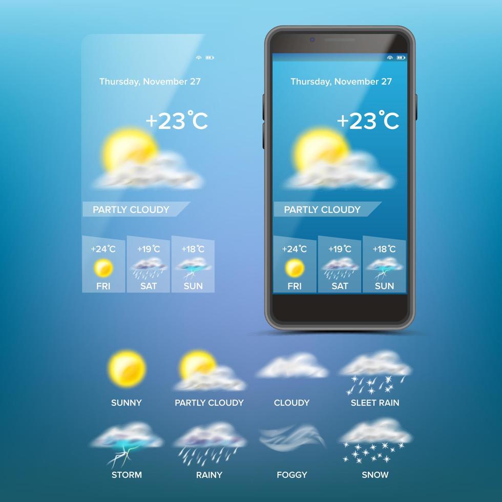 Weather Forecast App Vector. Weather Icons Set. Blue Background. Mobile Weather Application Screen. Illustration vector