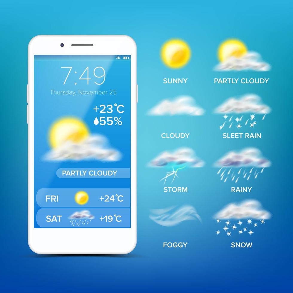 Weather Forecast App Vector. Realistic Smartphone Screen. Weather App With Icons. Design Element Illustration vector