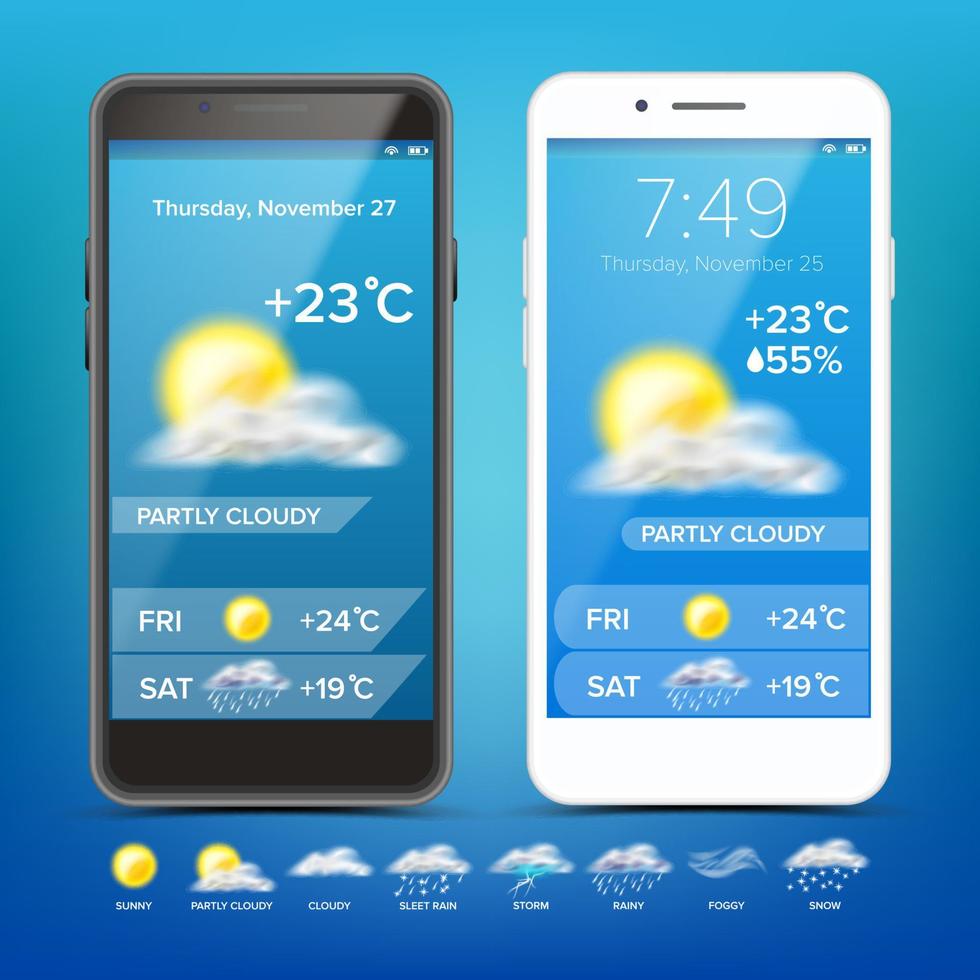 Weather Forecast App Vector. Realistic Smartphone. Weather App With Icons. Weather Icons Set. Blue Background. Mobile Weather Application Screen. Design Element Illustration vector