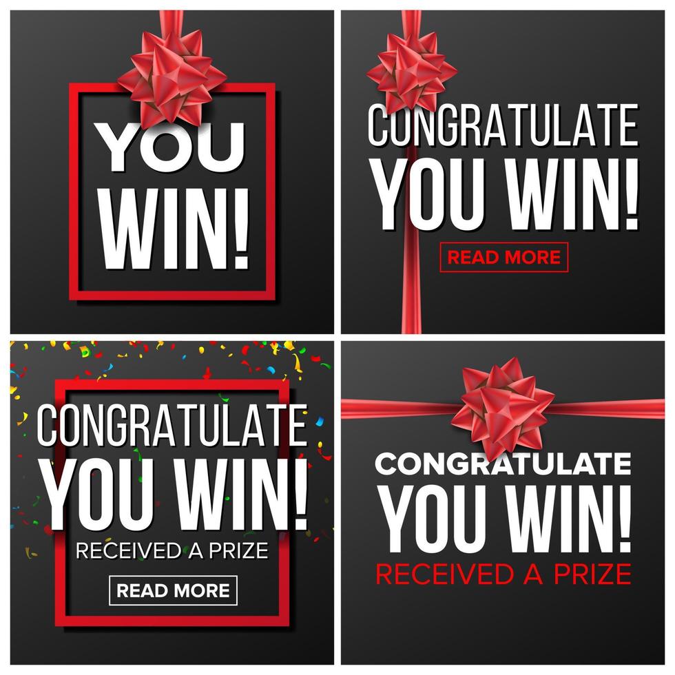 You Win Banner Set Vector. Festive Sign. Realistic Red Satin Bow. Lottery, Surprise, Prize Winner, Concept. Congratulations Gift Card. Illustration vector