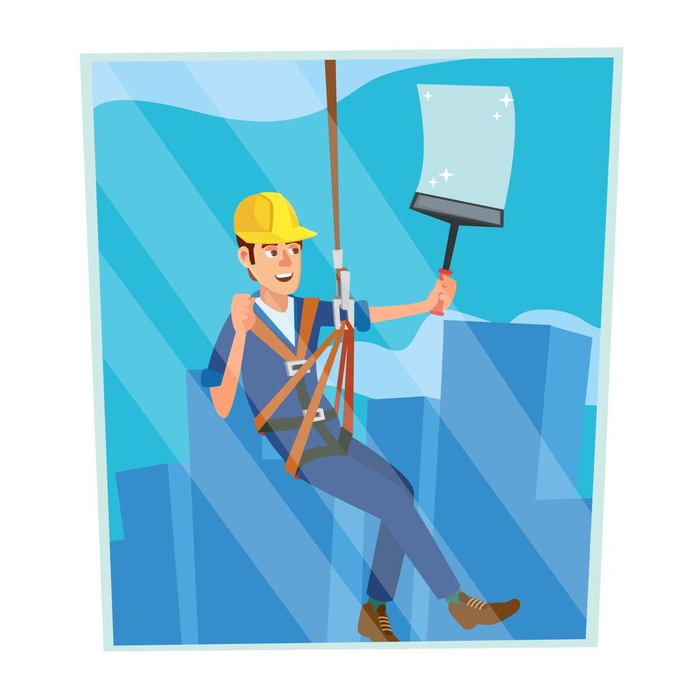 Windows Cleaning Worker Vector. Professional Worker Cleaning Windows. Modern Skyscraper. High Risk Work. Isolated Flat Cartoon Character Illustration vector