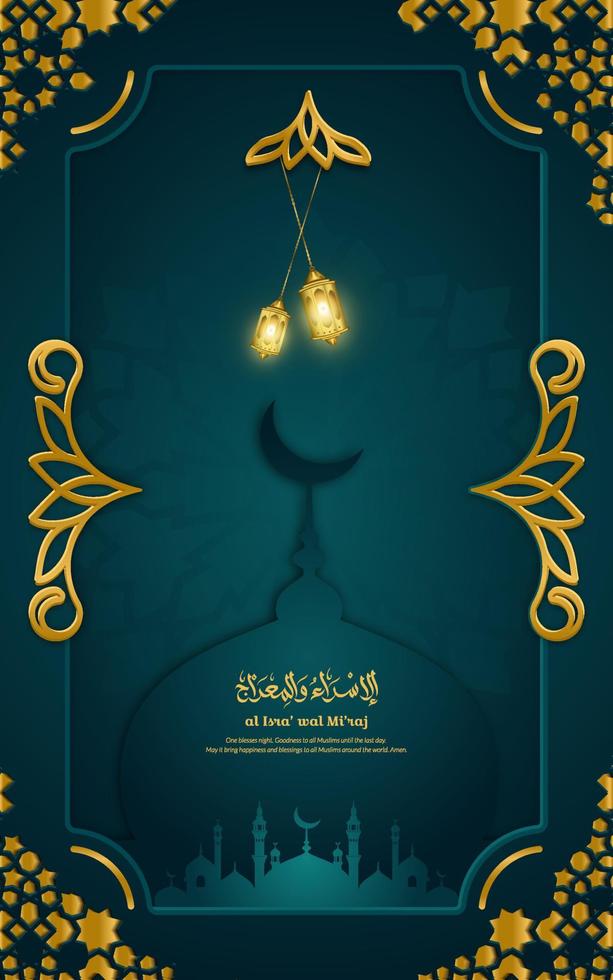 saludo de banner vectorial isra miraj decorado con adornos islámicos verdes. ilustración vectorial vector