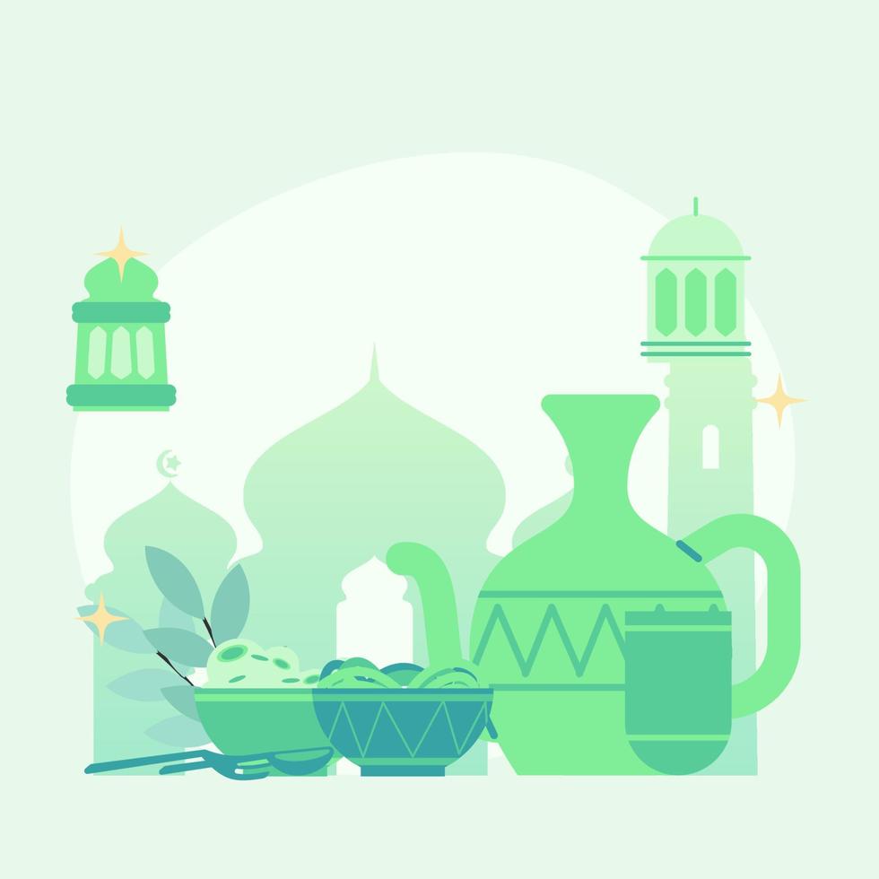 cute flat illustration eid mubarak greeting. flat illustration about fasting. cute illustration of breaking fast. cute flat illustration ramadan. vector