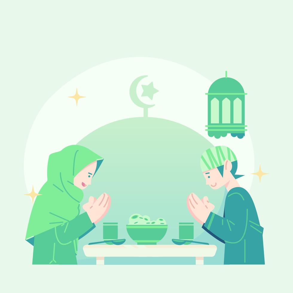 linda ilustración plana saludo de eid mubarak. ilustración plana sobre el ayuno. linda ilustración de romper el ayuno. linda ilustración plana ramadán. vector