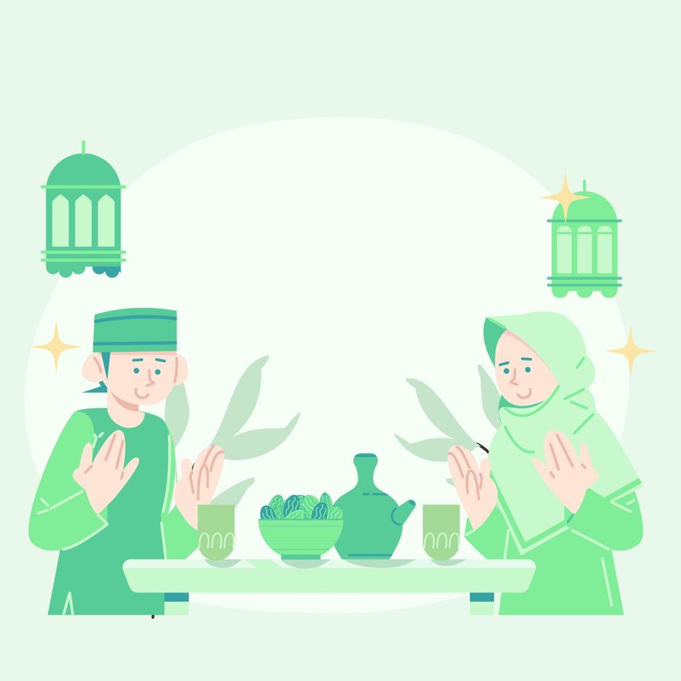 cute flat illustration eid mubarak greeting. flat illustration about fasting. cute illustration of breaking fast. cute flat illustration ramadan. vector