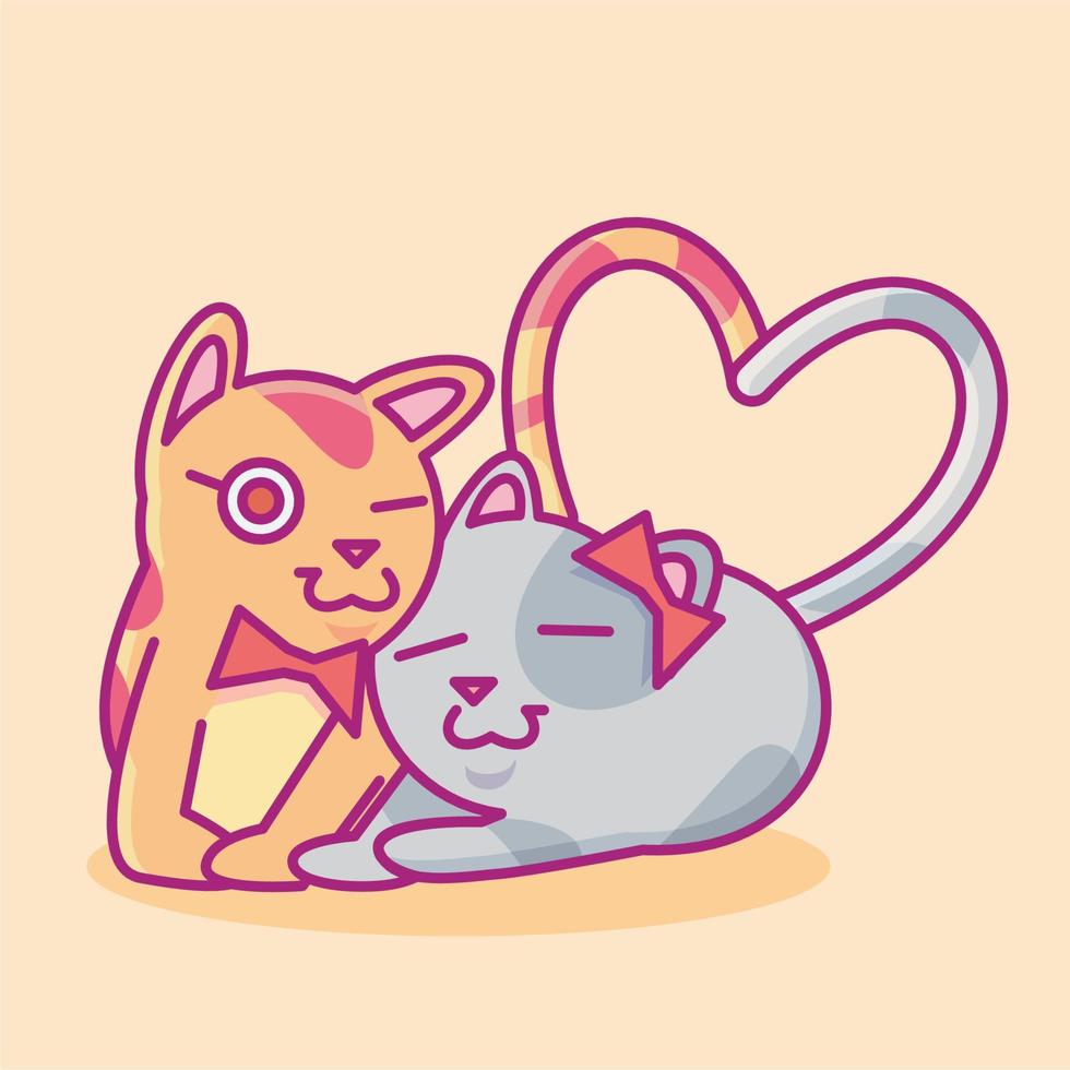 linda ilustración de gato. ilustración plana de gato. ilustración de una pareja de gatos haciendo un símbolo de amor con colas. lindo gato caricias. vector