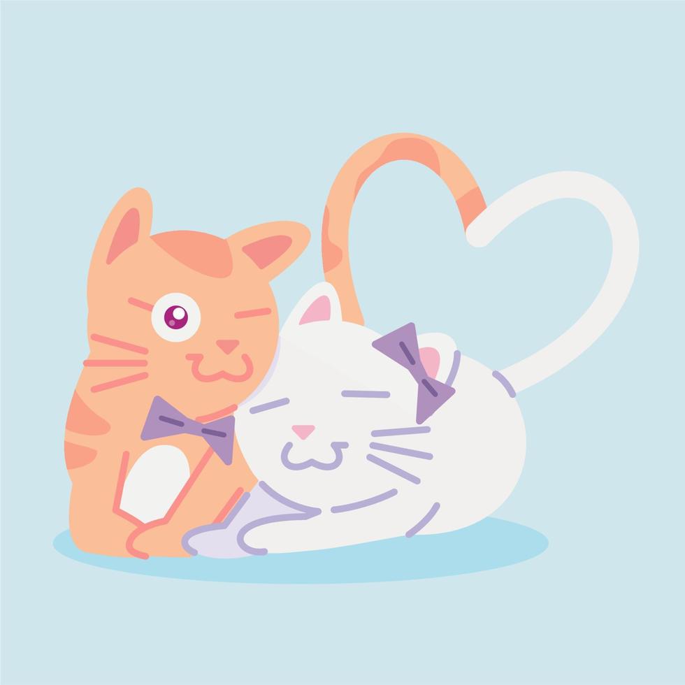 linda ilustración de gato. ilustración plana de gato. ilustración de una pareja de gatos haciendo un símbolo de amor con colas. lindo gato caricias. vector