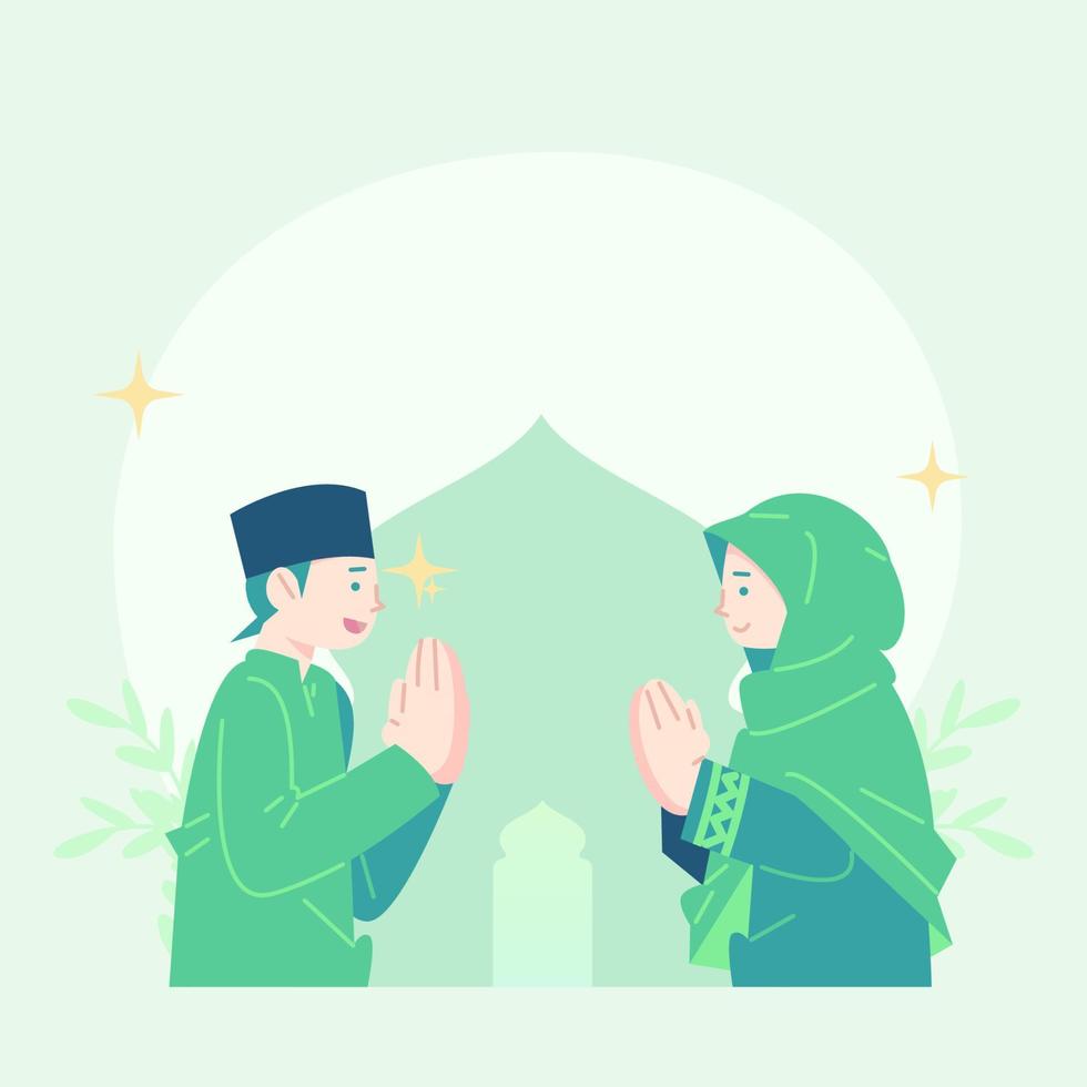 cute flat illustration eid mubarak greeting. flat illustration about fasting. cute illustration of breaking fast. cute flat illustration ramadan. vector